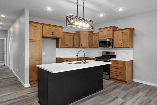 kitchen with sink, light hardwood / wood-style flooring, a center island with sink, and appliances with stainless steel finishes