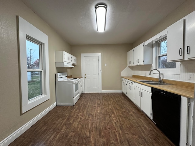 kitchen featuring dark wood-type flooring, dishwasher, white cabinets, and white electric range oven