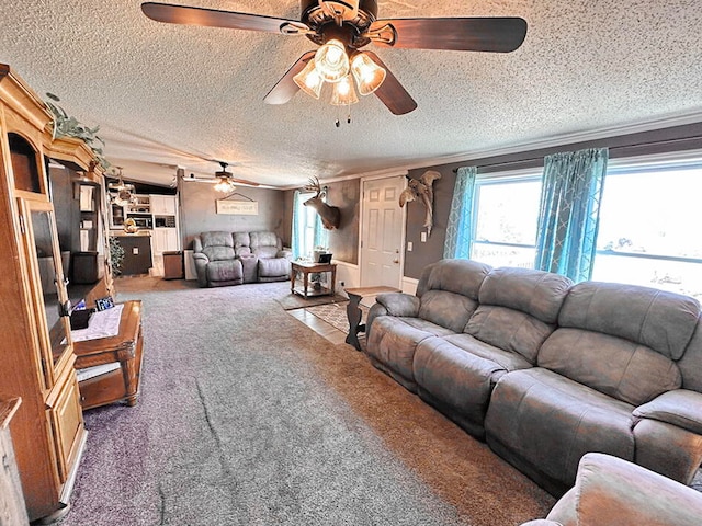 living room featuring ceiling fan, a textured ceiling, and carpet