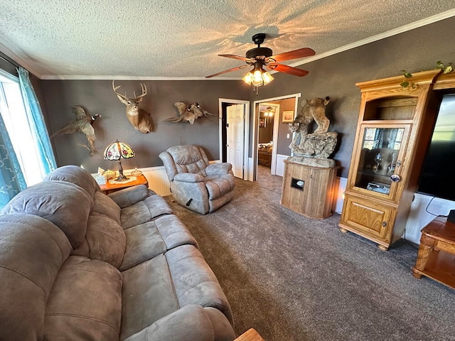 carpeted living room featuring ceiling fan, ornamental molding, and a textured ceiling