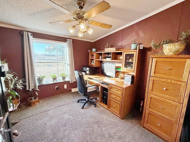 office space with ornamental molding, light carpet, ceiling fan, and a textured ceiling