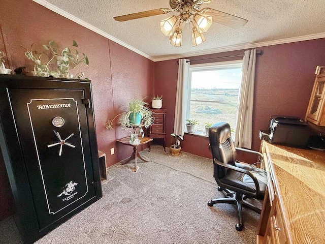 office space featuring ceiling fan, crown molding, a textured ceiling, and carpet flooring