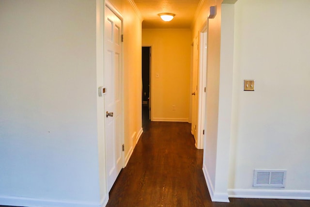 hallway with dark hardwood / wood-style flooring and crown molding