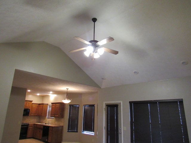 room details with black appliances, ceiling fan, sink, and tasteful backsplash