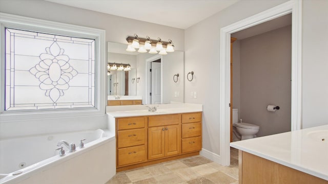 bathroom with vanity, toilet, and a bathing tub