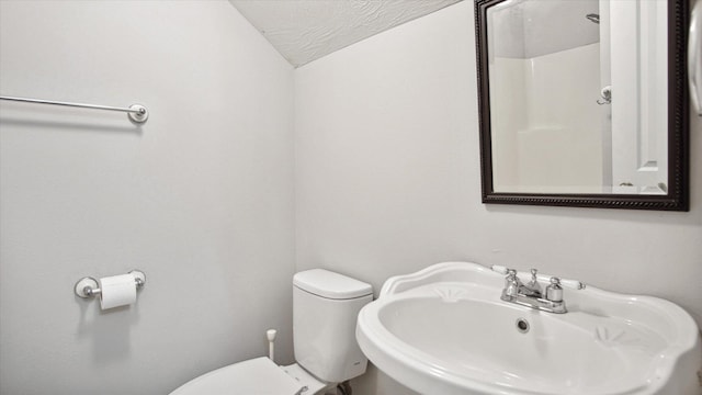 bathroom featuring a textured ceiling, toilet, lofted ceiling, and sink