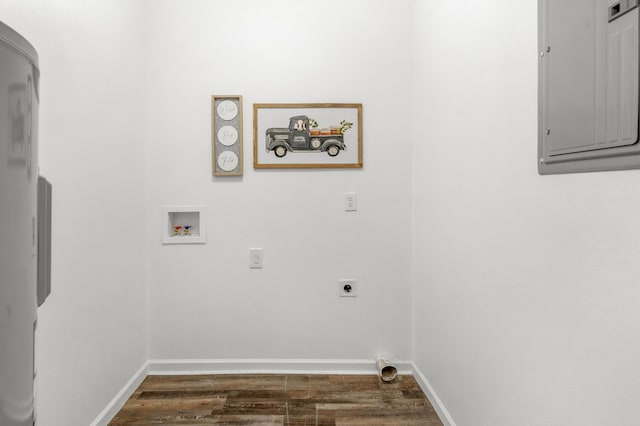 clothes washing area with hookup for a washing machine, electric dryer hookup, electric panel, and dark wood-type flooring