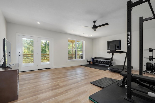 exercise area featuring light hardwood / wood-style flooring and ceiling fan