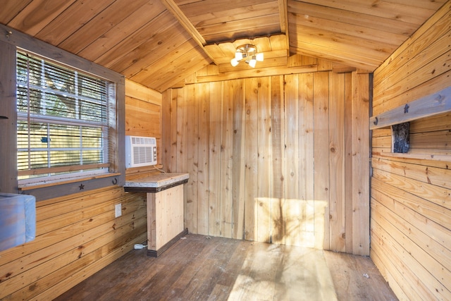 interior space with wood ceiling, lofted ceiling, hardwood / wood-style floors, and wooden walls