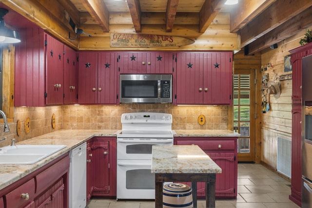 kitchen with sink, beamed ceiling, white appliances, light stone countertops, and backsplash