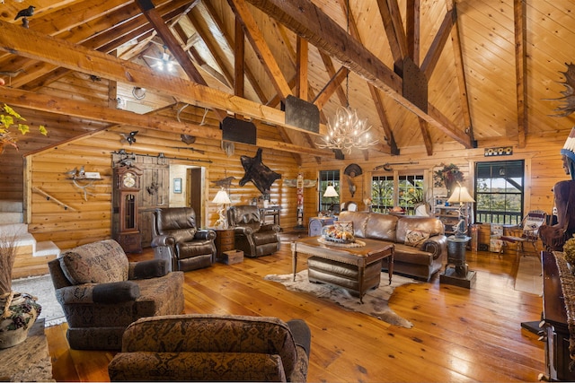 living room with log walls, wood-type flooring, high vaulted ceiling, and beamed ceiling