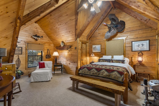 bedroom featuring beamed ceiling, carpet floors, wooden ceiling, and wood walls