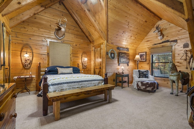 bedroom with wood walls, high vaulted ceiling, wooden ceiling, carpet floors, and beam ceiling