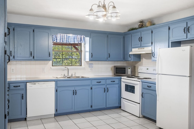 kitchen featuring blue cabinetry, white appliances, sink, and tasteful backsplash