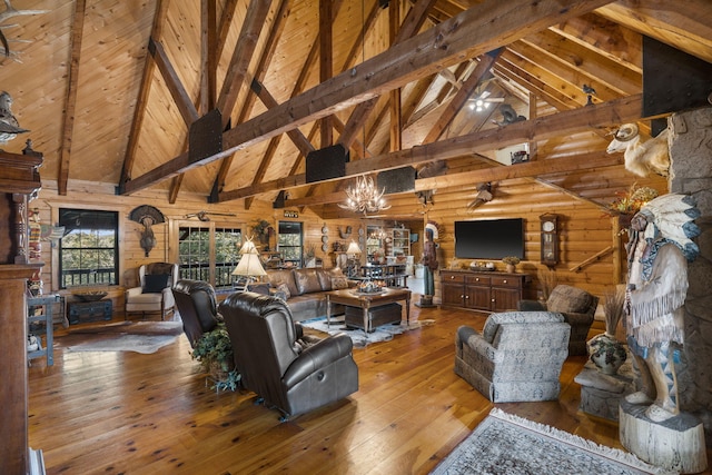 living room with wood-type flooring, a chandelier, lofted ceiling with beams, and wood walls