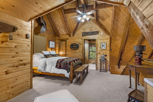 carpeted bedroom with wood ceiling, wooden walls, high vaulted ceiling, and beamed ceiling