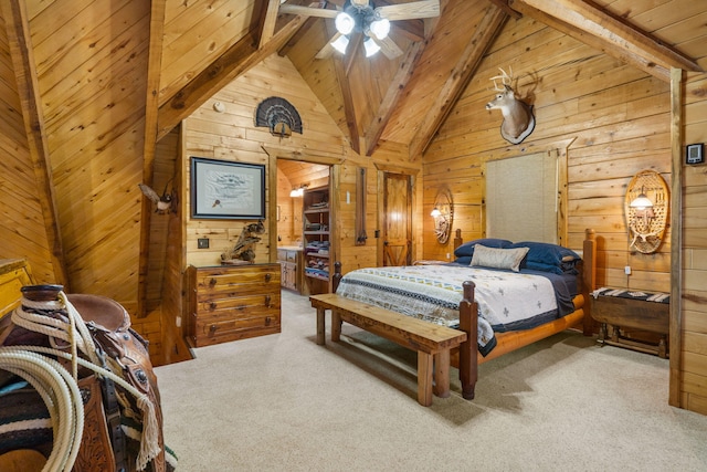 bedroom with high vaulted ceiling, wooden walls, light colored carpet, and beam ceiling