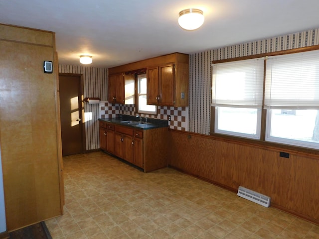 kitchen featuring tasteful backsplash, wooden walls, plenty of natural light, and sink