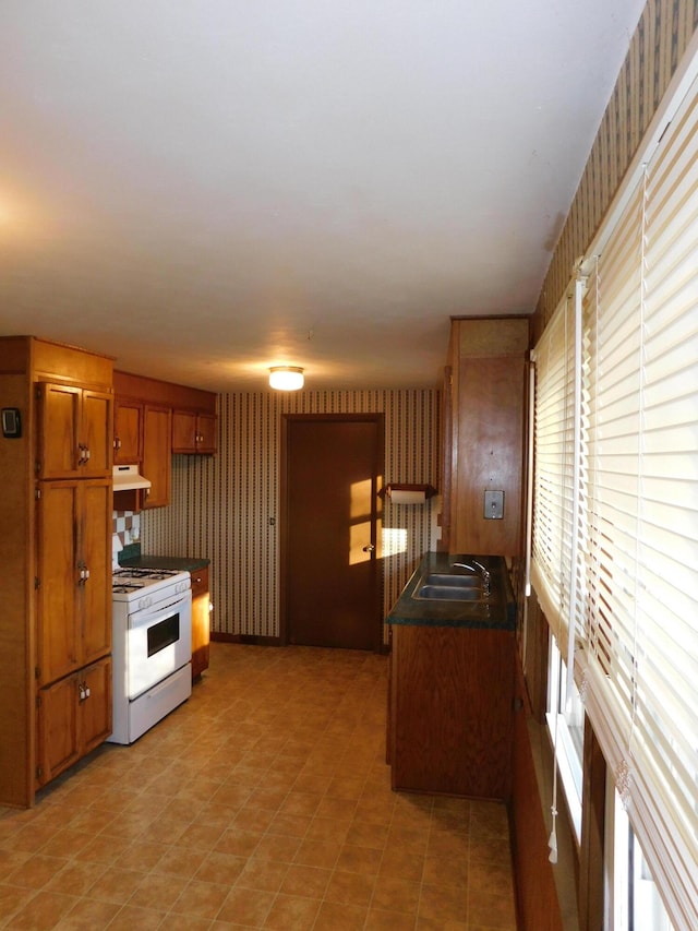 kitchen featuring white gas range and sink