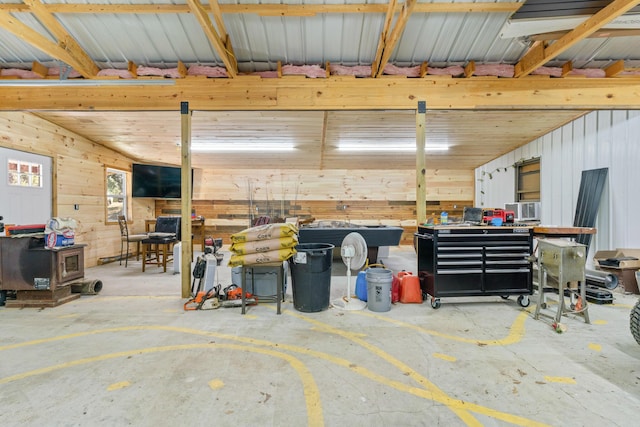 garage with wood walls