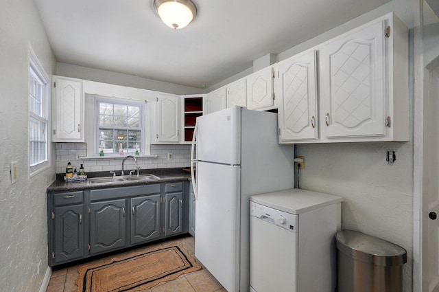 kitchen with gray cabinets, sink, white cabinetry, and backsplash