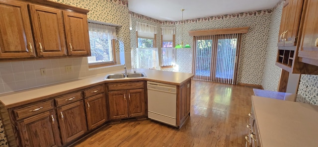 kitchen featuring pendant lighting, dishwasher, sink, and light hardwood / wood-style flooring