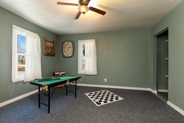 rec room with ceiling fan, dark carpet, and billiards