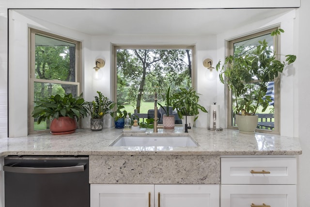 kitchen with white cabinetry, light stone counters, sink, and stainless steel dishwasher