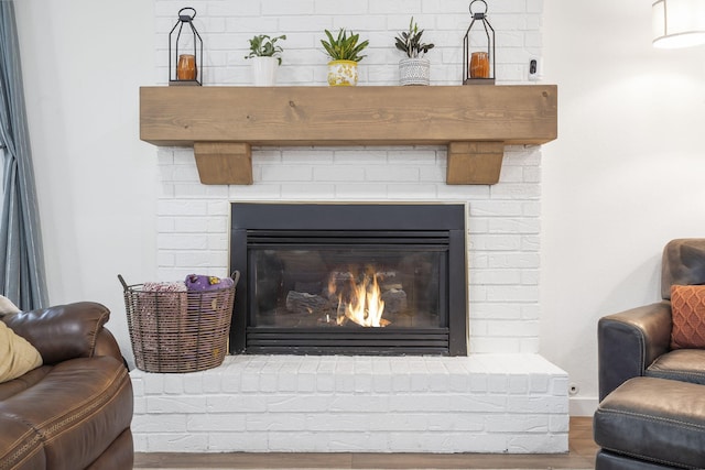 room details with a fireplace and wood-type flooring