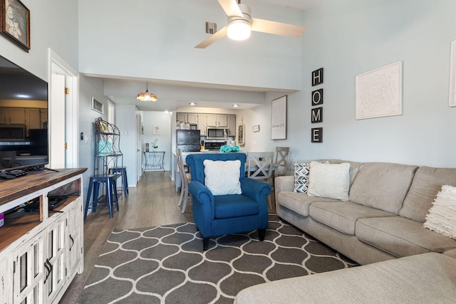 526 Notch Ln Unit 10, Branson West, MO 65737 - living room with a towering ceiling, wood finished floors, and a ceiling fan