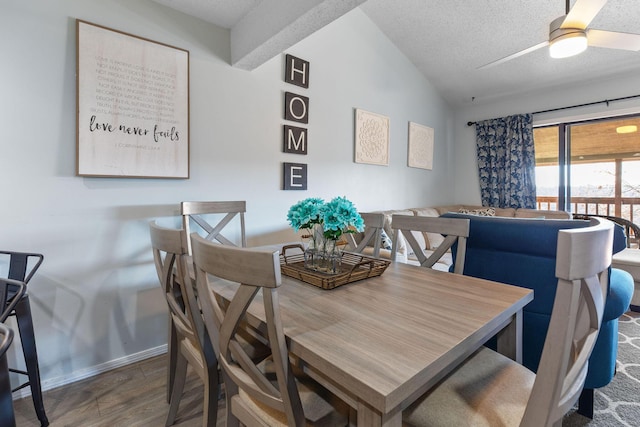 526 Notch Ln Unit 10, Branson West, MO 65737 - dining space featuring vaulted ceiling, a ceiling fan, wood finished floors, and a textured ceiling
