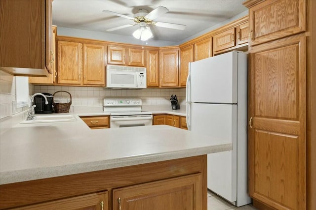 kitchen featuring kitchen peninsula, white appliances, tasteful backsplash, and sink