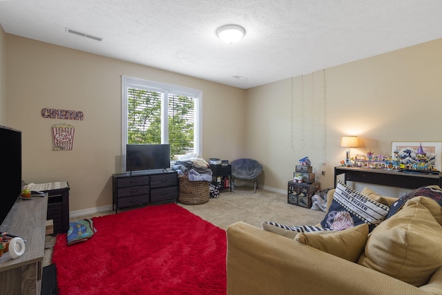 living room featuring carpet flooring and a textured ceiling