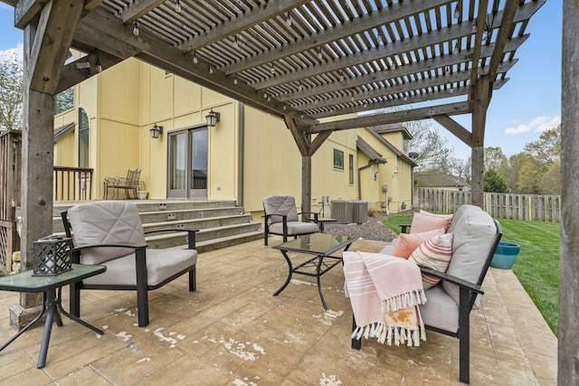 view of patio with central AC unit, a pergola, fence, entry steps, and an outdoor hangout area
