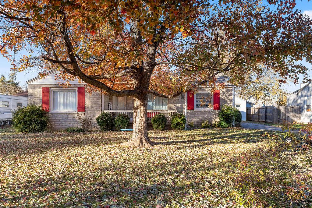 view of property hidden behind natural elements featuring a front lawn