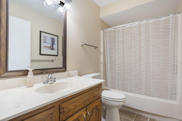 full bathroom with tile patterned floors, vanity, a textured ceiling, shower / bathtub combination with curtain, and toilet