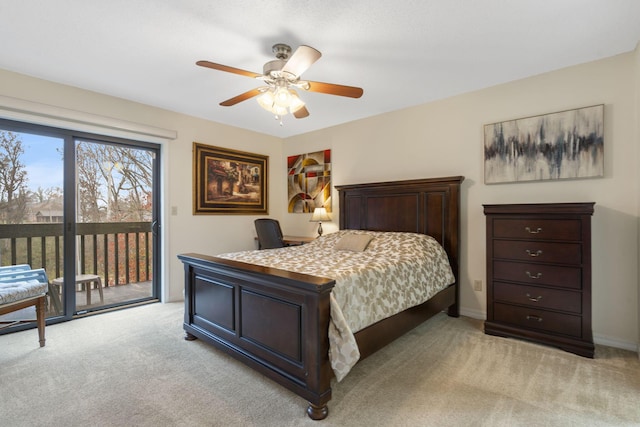 bedroom featuring ceiling fan, light colored carpet, and access to outside