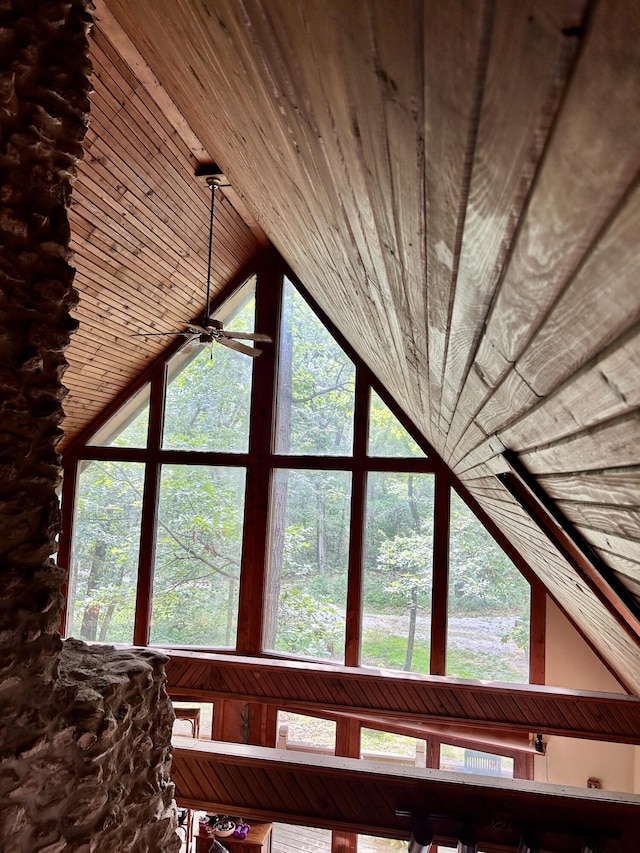 interior details featuring ceiling fan and wood ceiling