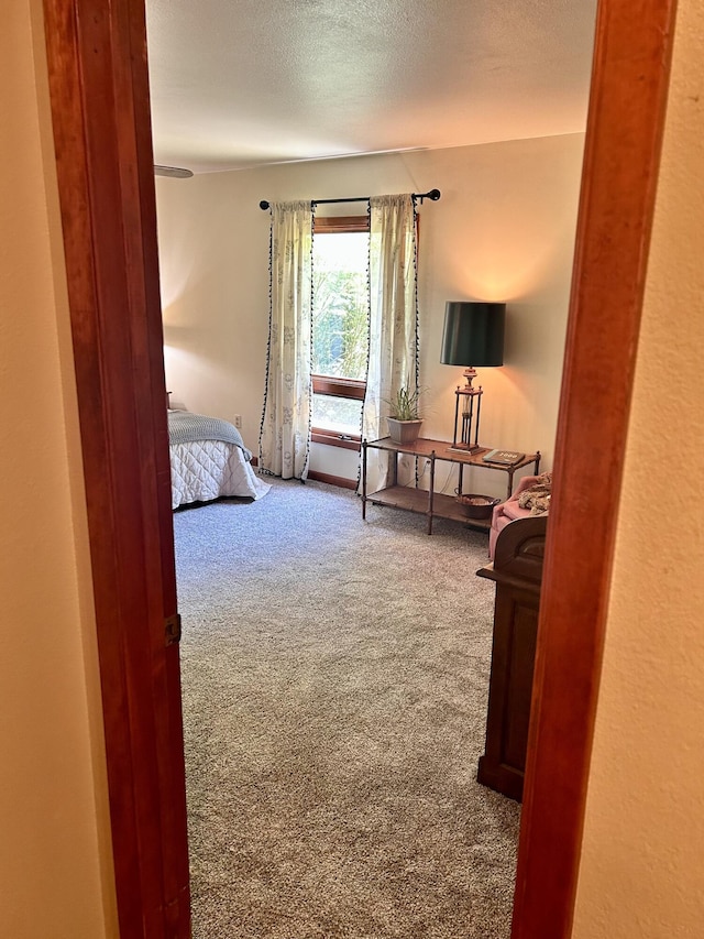 carpeted bedroom featuring a textured ceiling