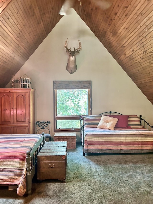 carpeted bedroom featuring wooden ceiling and lofted ceiling