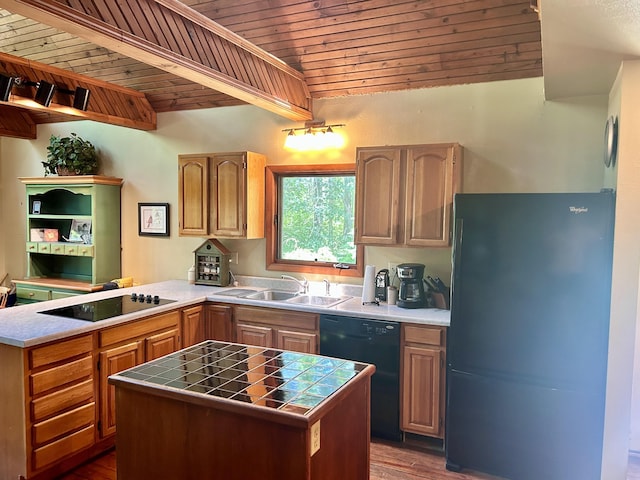 kitchen with black appliances, a kitchen island, wood ceiling, and sink