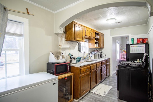 kitchen featuring sink, crown molding, light wood-type flooring, fridge, and gas range oven