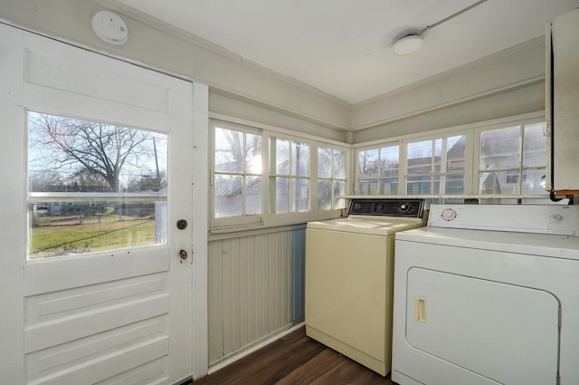 clothes washing area with washing machine and dryer, a wealth of natural light, dark wood-type flooring, and wood walls