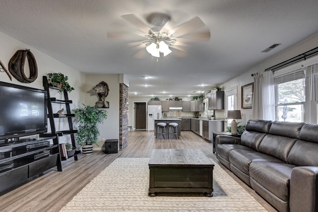 living room with a textured ceiling, light wood-type flooring, ceiling fan, and sink