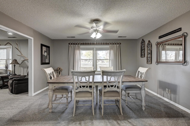 carpeted dining room with plenty of natural light and a textured ceiling