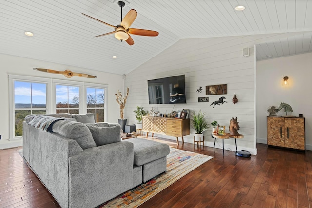 living room featuring high vaulted ceiling, ceiling fan, dark wood-type flooring, and wood ceiling