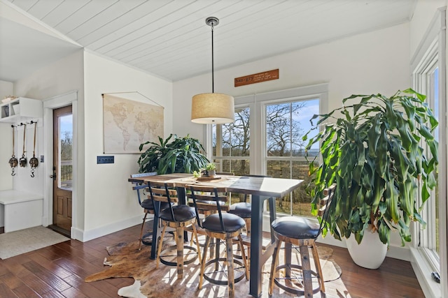 dining room featuring wooden ceiling and dark wood-type flooring