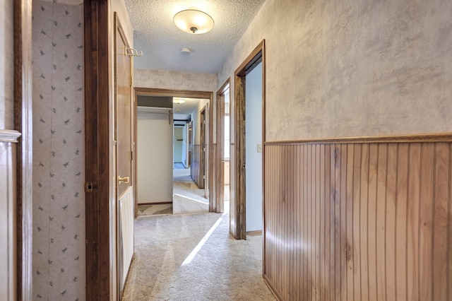 corridor featuring light colored carpet and a textured ceiling