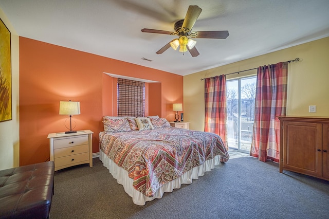 carpeted bedroom with access to outside and ceiling fan