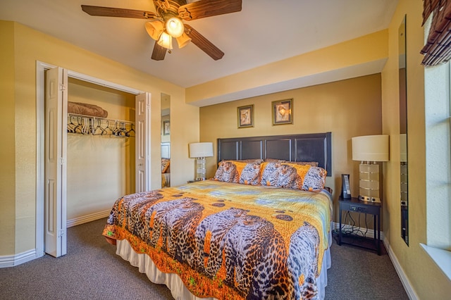 bedroom featuring dark carpet, a closet, and ceiling fan